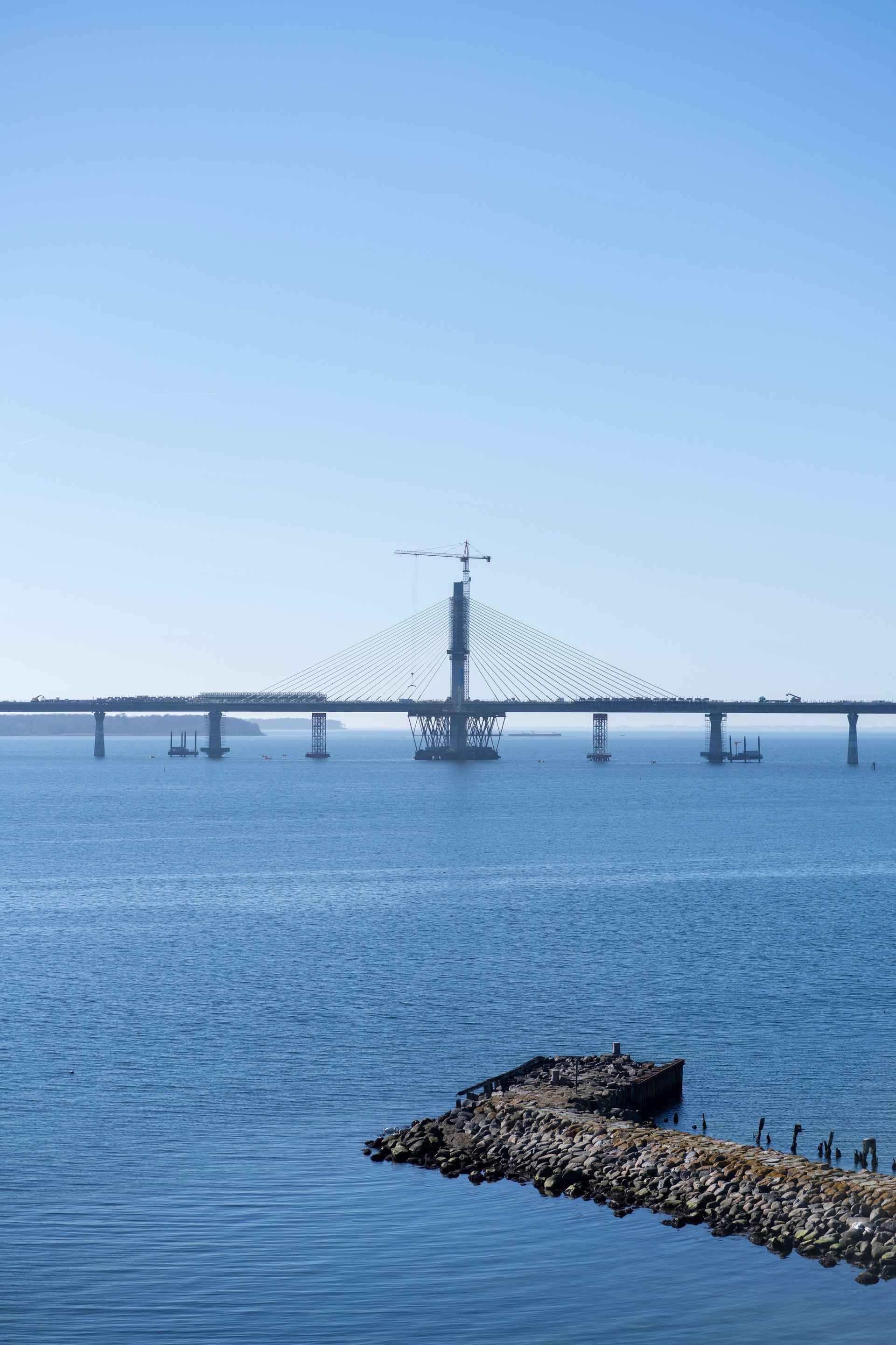 The Dronning Margrethe II  Bridge under construction, spanning the Storstrøm strait and connecting Zealand and Falster, Denmark.